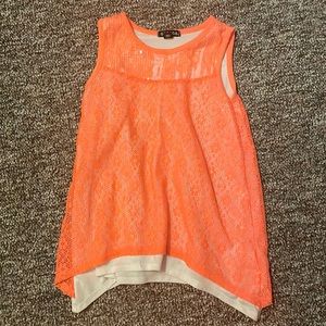 Neon orange-ish pink tank top with under layer